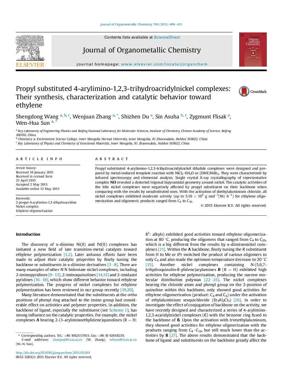 Propyl substituted 4-arylimino-1,2,3-trihydroacridylnickel complexes: Their synthesis, characterization and catalytic behavior toward ethylene