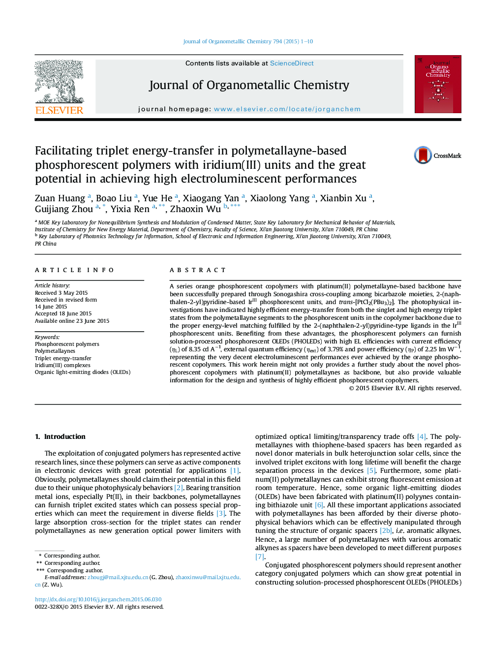 Facilitating triplet energy-transfer in polymetallayne-based phosphorescent polymers with iridium(III) units and the great potential in achieving high electroluminescent performances