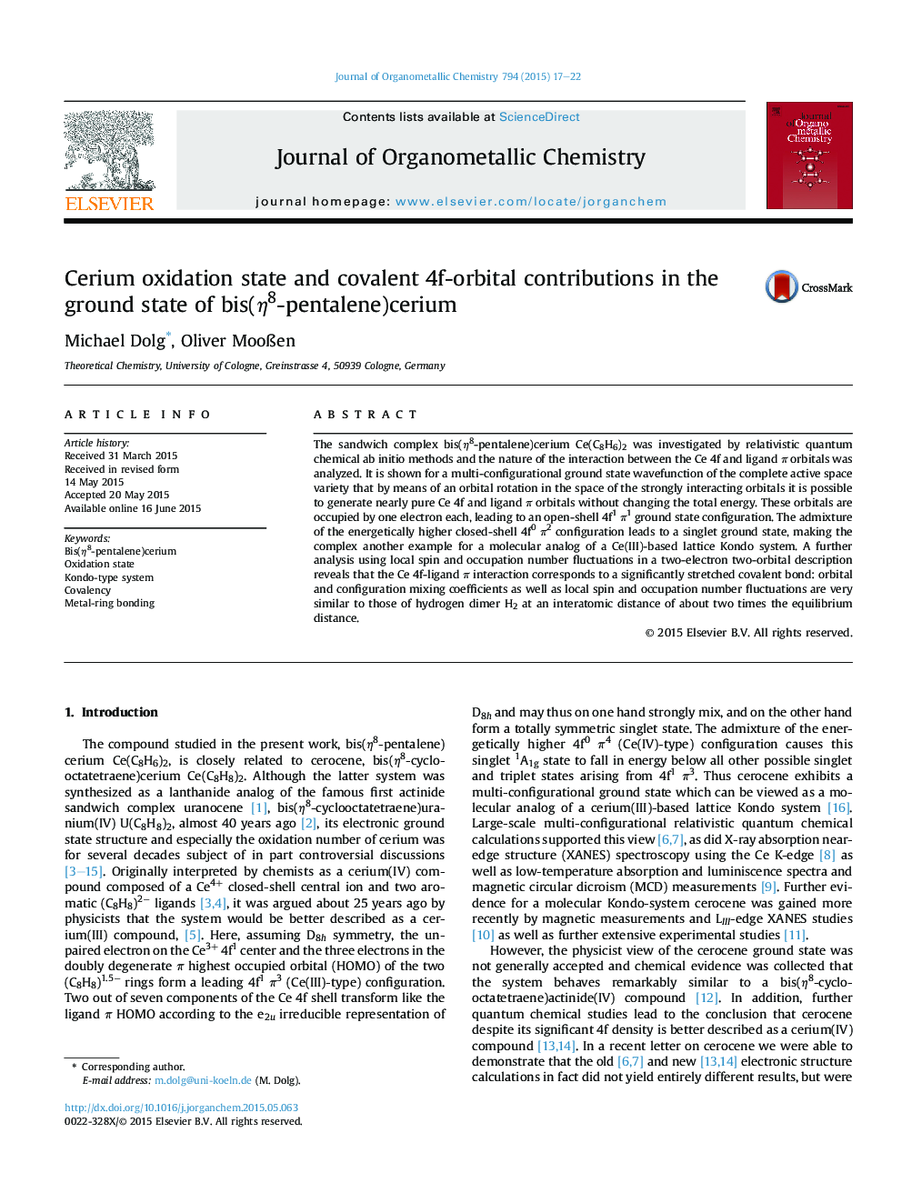 Cerium oxidation state and covalent 4f-orbital contributions in the ground state of bis(η8-pentalene)cerium