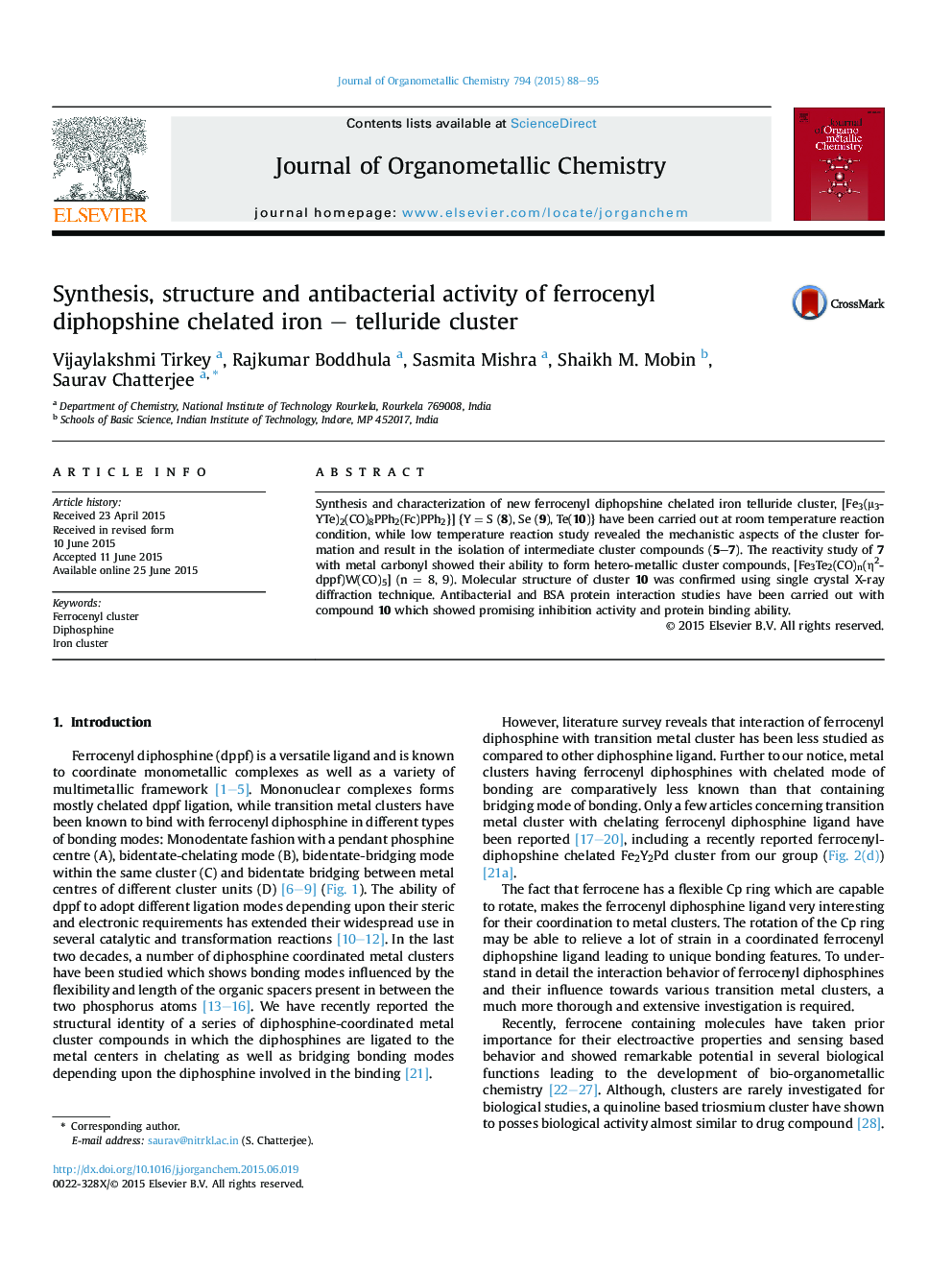 Synthesis, structure and antibacterial activity of ferrocenyl diphopshine chelated iron – telluride cluster