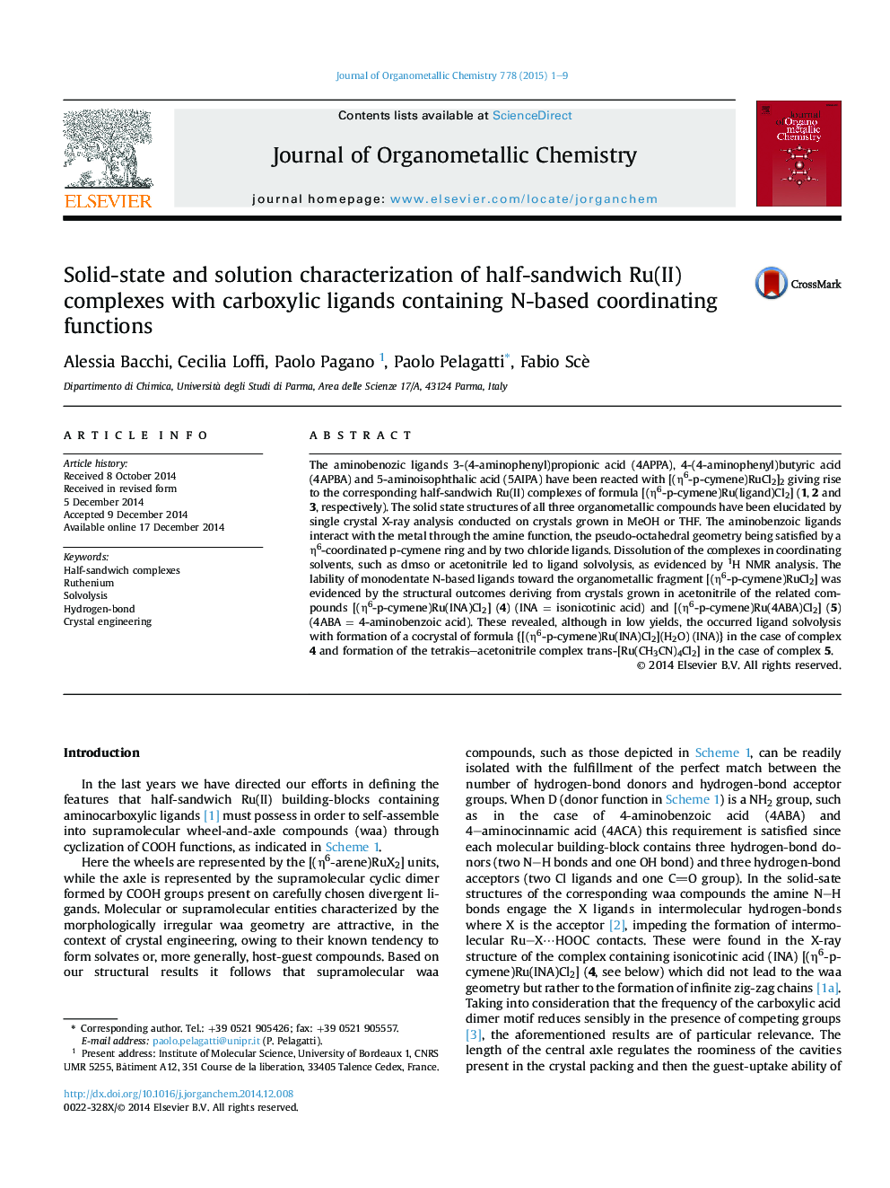 Solid-state and solution characterization of half-sandwich Ru(II) complexes with carboxylic ligands containing N-based coordinating functions