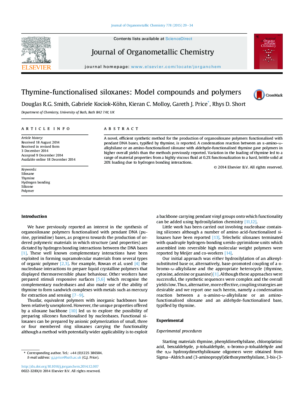 Thymine-functionalised siloxanes: Model compounds and polymers