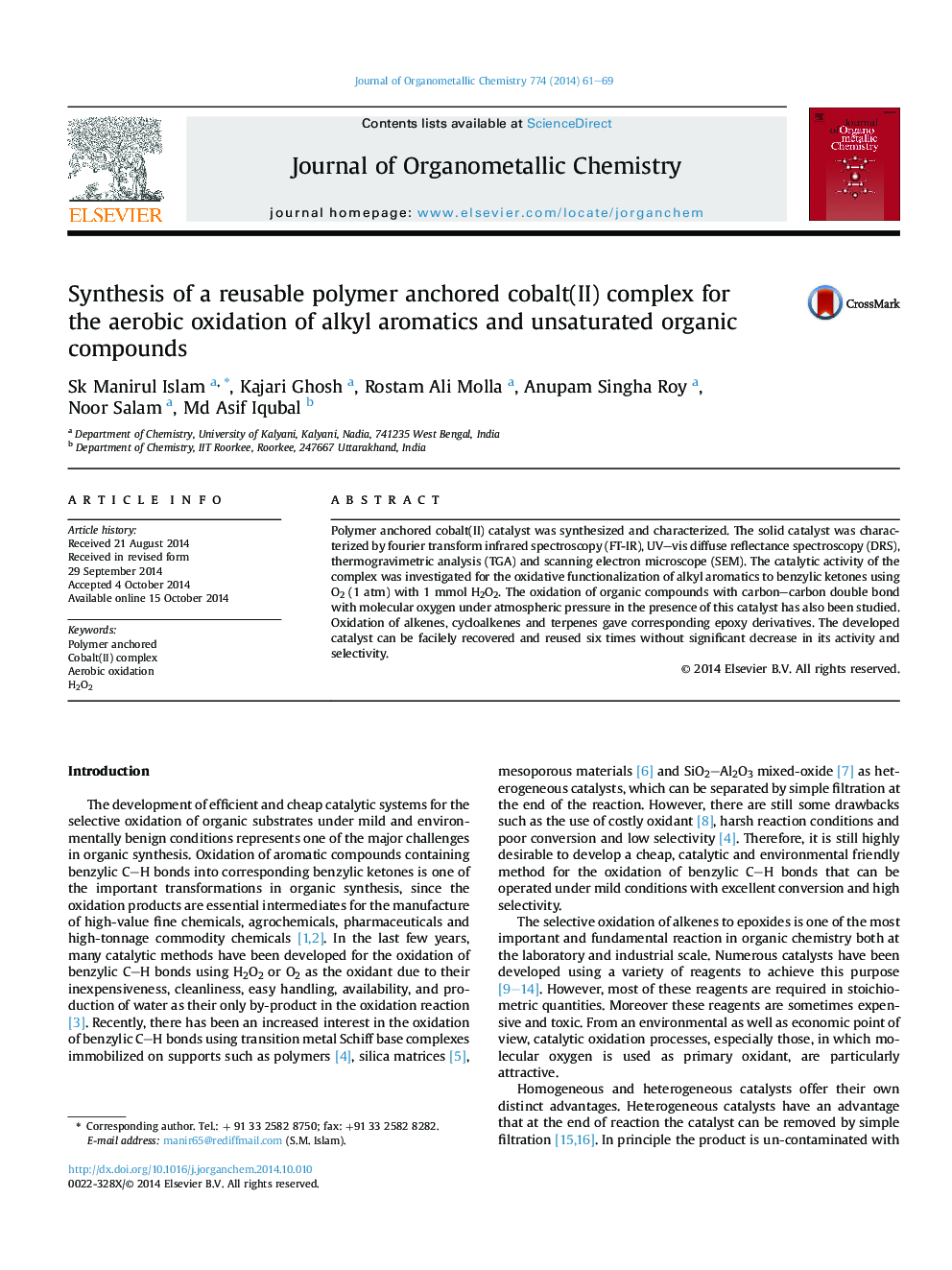 Synthesis of a reusable polymer anchored cobalt(II) complex for the aerobic oxidation of alkyl aromatics and unsaturated organic compounds