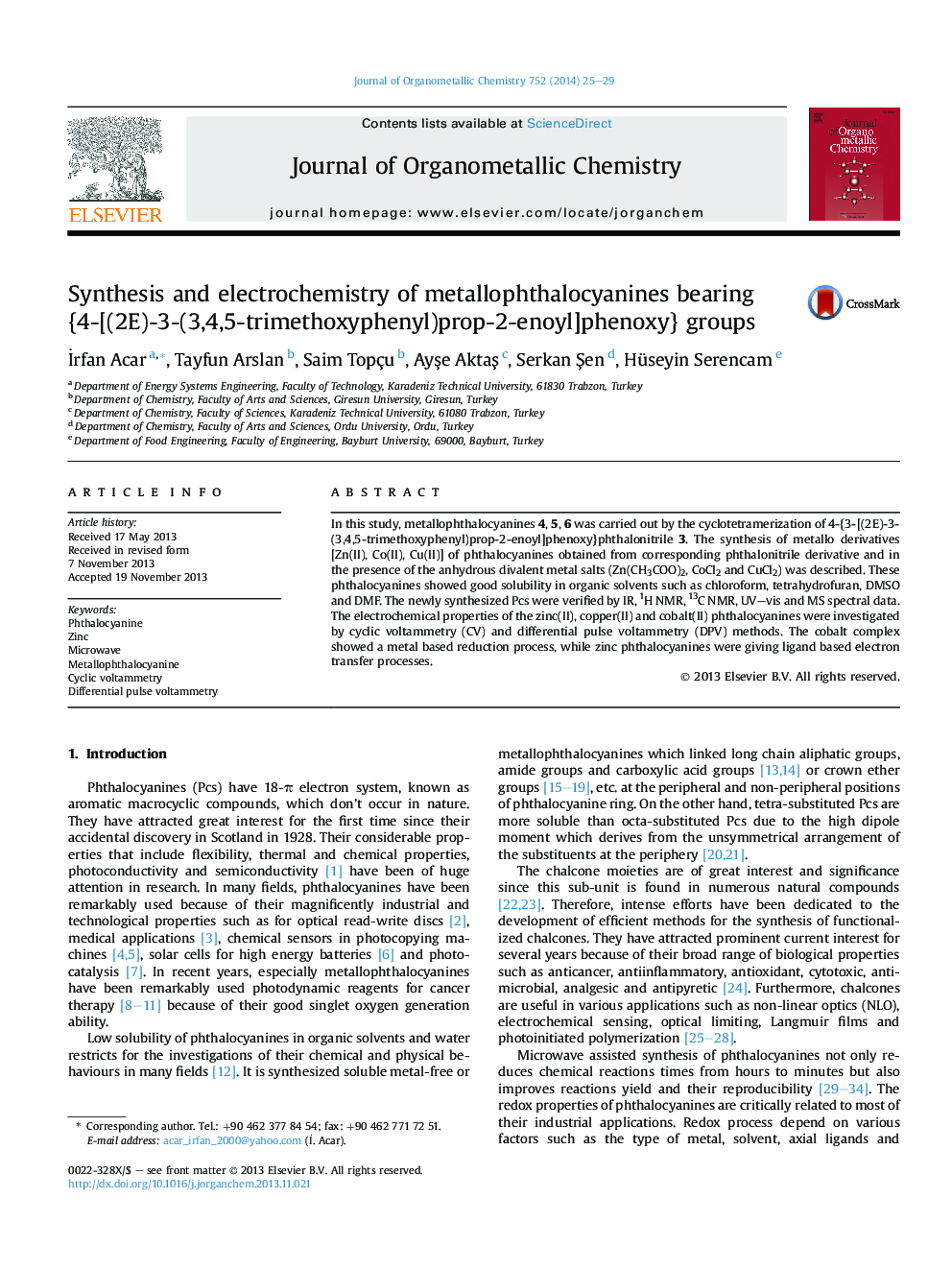 Synthesis and electrochemistry of metallophthalocyanines bearing {4-[(2E)-3-(3,4,5-trimethoxyphenyl)prop-2-enoyl]phenoxy} groups