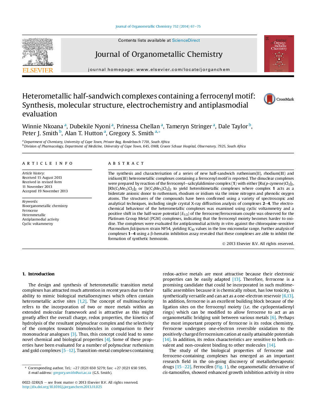 Heterometallic half-sandwich complexes containing a ferrocenyl motif: Synthesis, molecular structure, electrochemistry and antiplasmodial evaluation