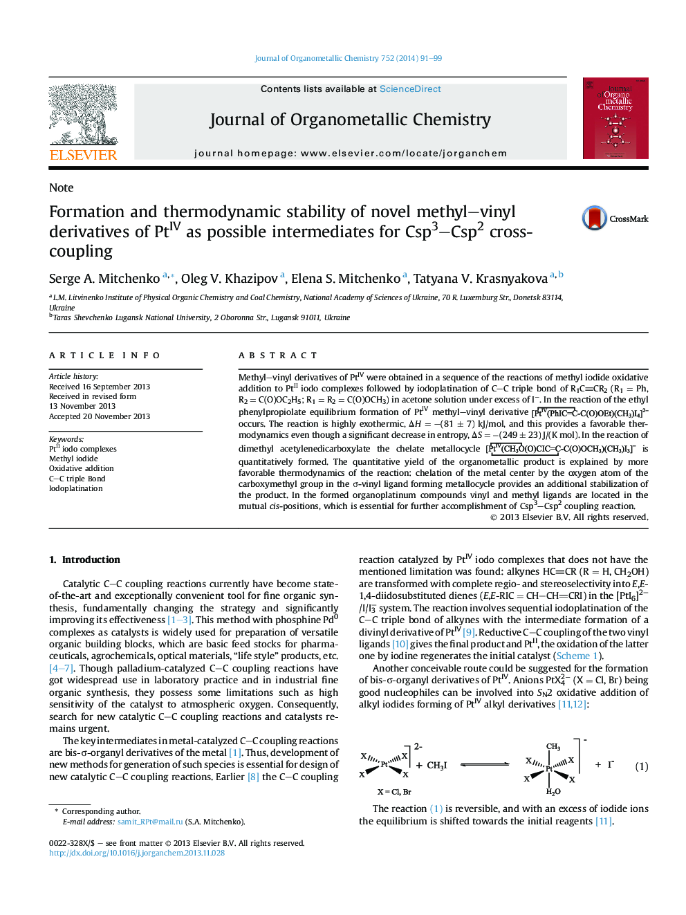 Formation and thermodynamic stability of novel methyl–vinyl derivatives of PtIV as possible intermediates for Csp3–Csp2 cross-coupling