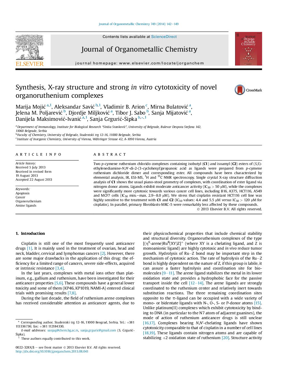 Synthesis, X-ray structure and strong in vitro cytotoxicity of novel organoruthenium complexes