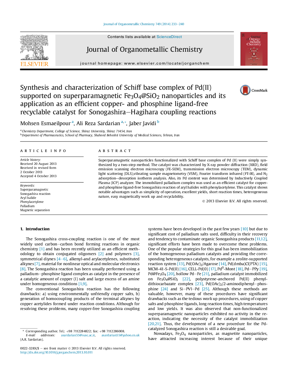 Synthesis and characterization of Schiff base complex of Pd(II) supported on superparamagnetic Fe3O4@SiO2 nanoparticles and its application as an efficient copper- and phosphine ligand-free recyclable catalyst for Sonogashira–Hagihara coupling reactions