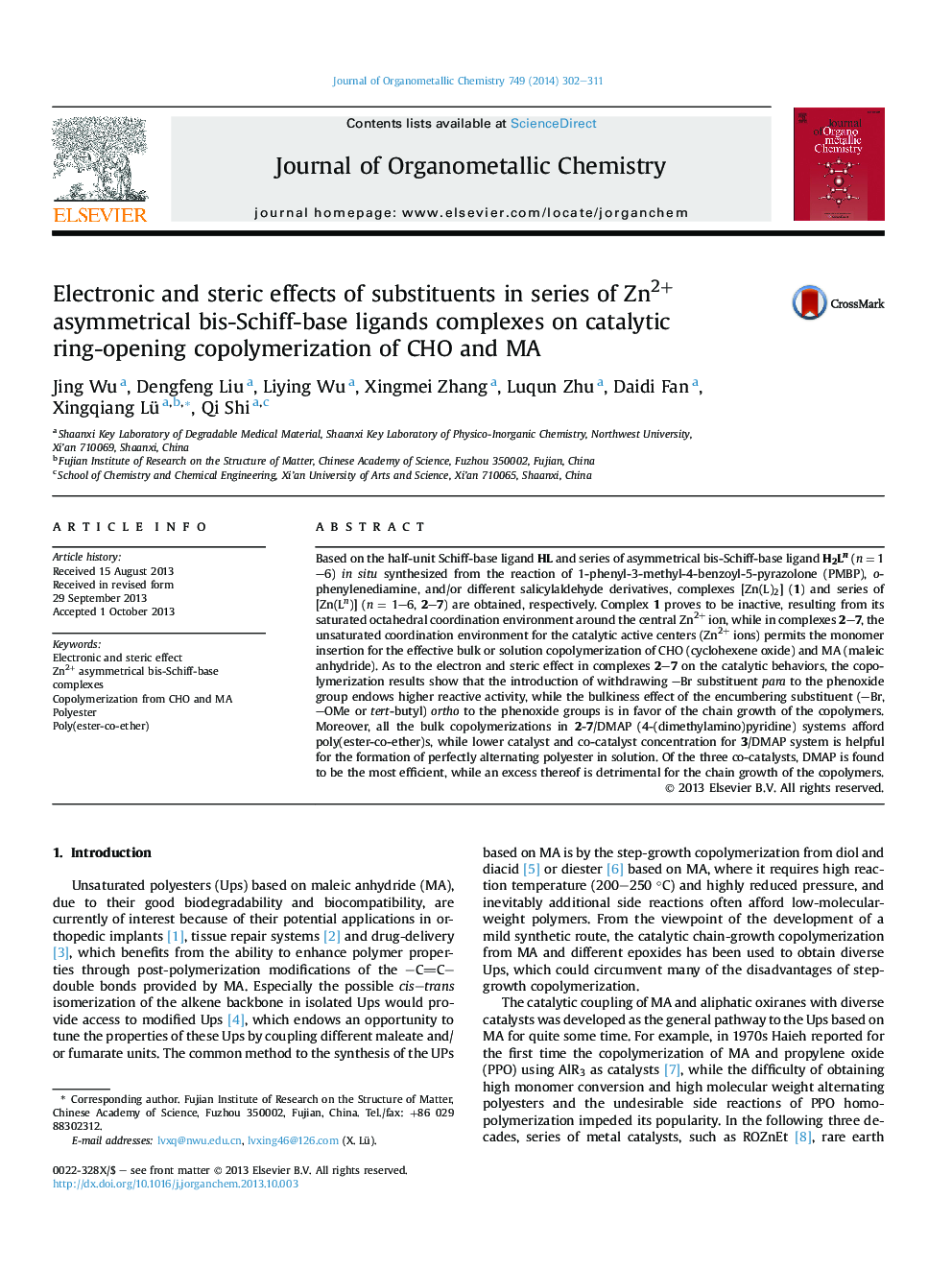 عکس صفحه اول مقاله: Electronic and steric effects of substituents in series of Zn2+ asymmetrical bis-Schiff-base ligands complexes on catalytic ring-opening copolymerization of CHO and MA Electronic and steric effects of substituents in series of Zn2+ asymmetrical bis-Schiff-base ligands complexes on catalytic ring-opening copolymerization of CHO and MA