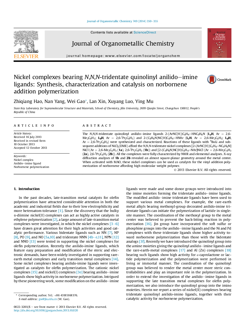 Nickel complexes bearing N,N,N-tridentate quinolinyl anilido–imine ligands: Synthesis, characterization and catalysis on norbornene addition polymerization