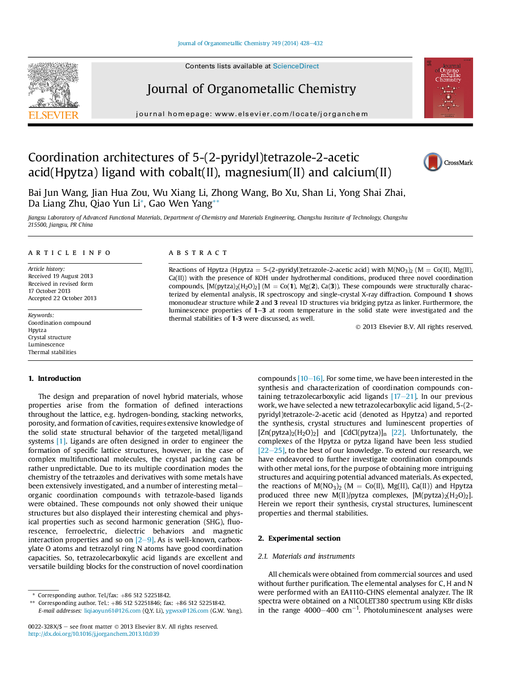 Coordination architectures of 5-(2-pyridyl)tetrazole-2-acetic acid(Hpytza) ligand with cobalt(II), magnesium(II) and calcium(II)