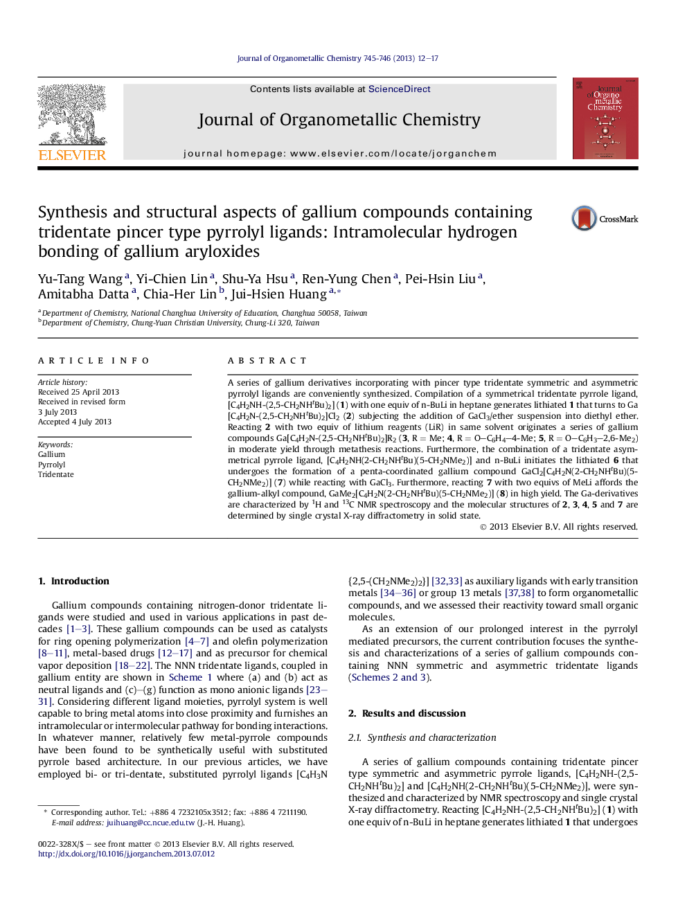 Synthesis and structural aspects of gallium compounds containing tridentate pincer type pyrrolyl ligands: Intramolecular hydrogen bonding of gallium aryloxides