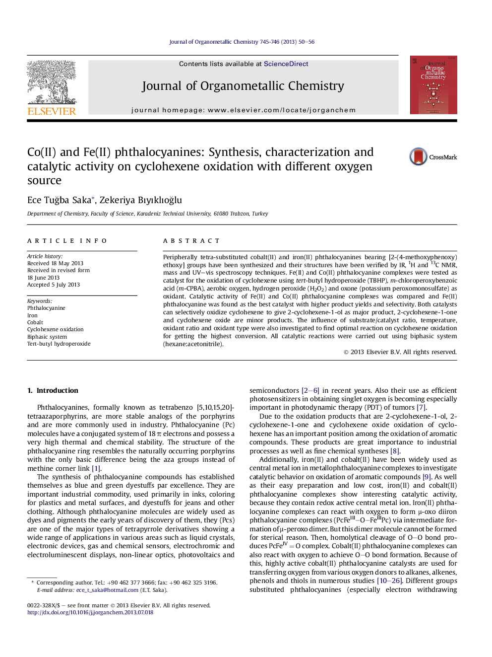 Co(II) and Fe(II) phthalocyanines: Synthesis, characterization and catalytic activity on cyclohexene oxidation with different oxygen source