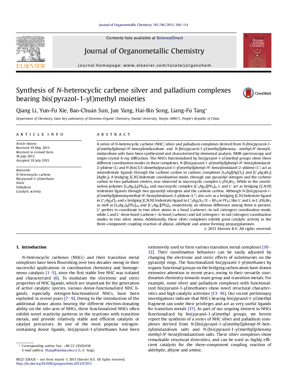 عکس صفحه اول مقاله: Synthesis of N-heterocyclic carbene silver and palladium complexes bearing bis(pyrazol-1-yl)methyl moieties Synthesis of N-heterocyclic carbene silver and palladium complexes bearing bis(pyrazol-1-yl)methyl moieties