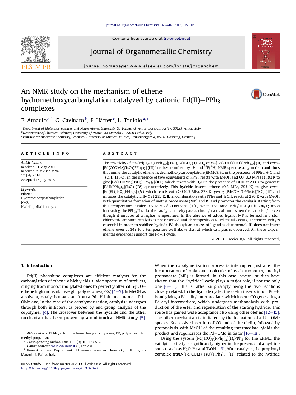 An NMR study on the mechanism of ethene hydromethoxycarbonylation catalyzed by cationic Pd(II)–PPh3 complexes