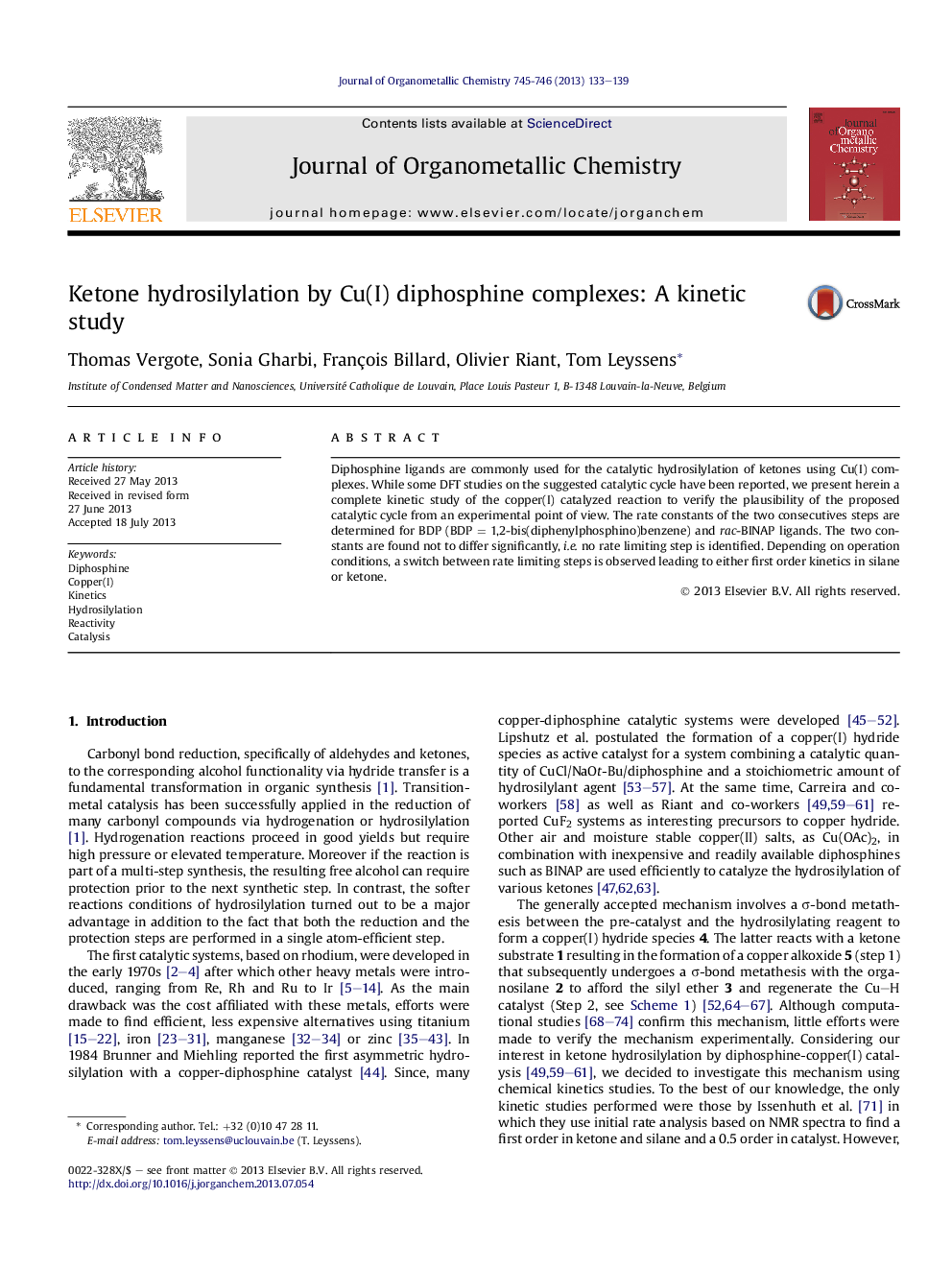 Ketone hydrosilylation by Cu(I) diphosphine complexes: A kinetic study