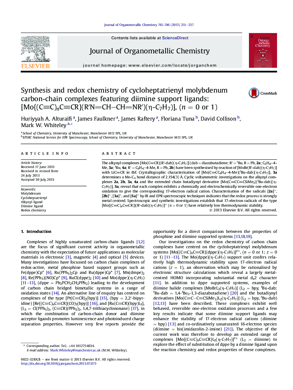 Synthesis and redox chemistry of cycloheptatrienyl molybdenum carbon-chain complexes featuring diimine support ligands: [Mo{(CC)nCCR}(R′NCH–CHNR′)(η-C7H7)], (n = 0 or 1)