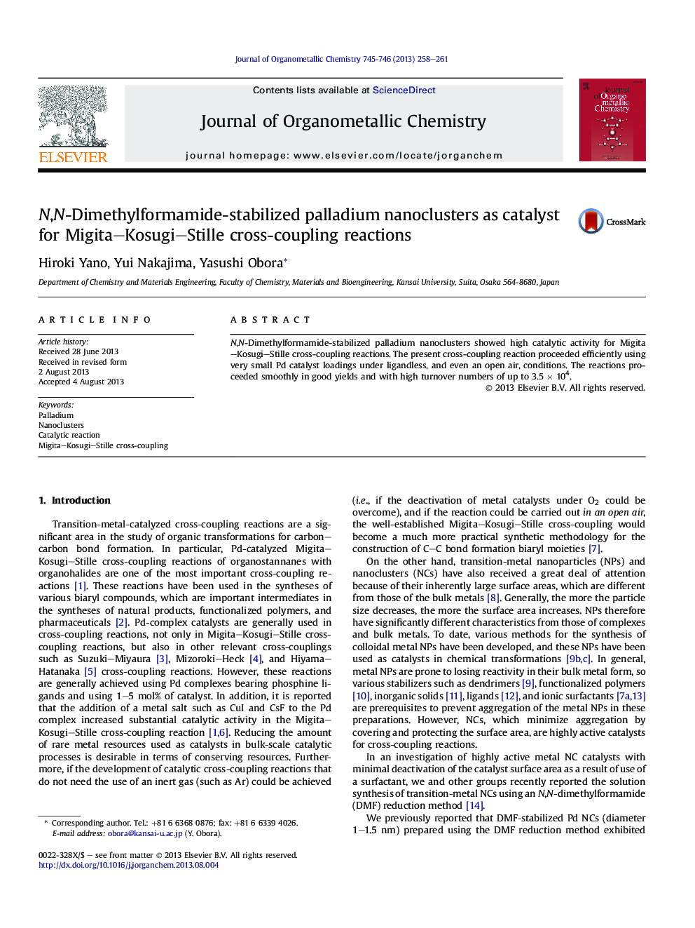 N,N-Dimethylformamide-stabilized palladium nanoclusters as catalyst for Migita–Kosugi–Stille cross-coupling reactions