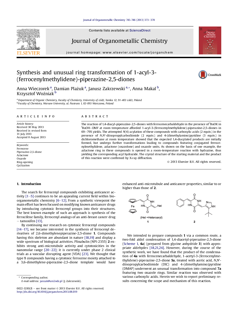 Synthesis and unusual ring transformation of 1-acyl-3-(ferrocenylmethylidene)-piperazine-2,5-diones