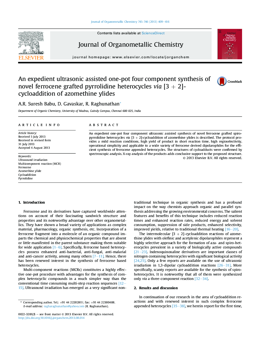 An expedient ultrasonic assisted one-pot four component synthesis of novel ferrocene grafted pyrrolidine heterocycles via [3 + 2]-cycloaddition of azomethine ylides