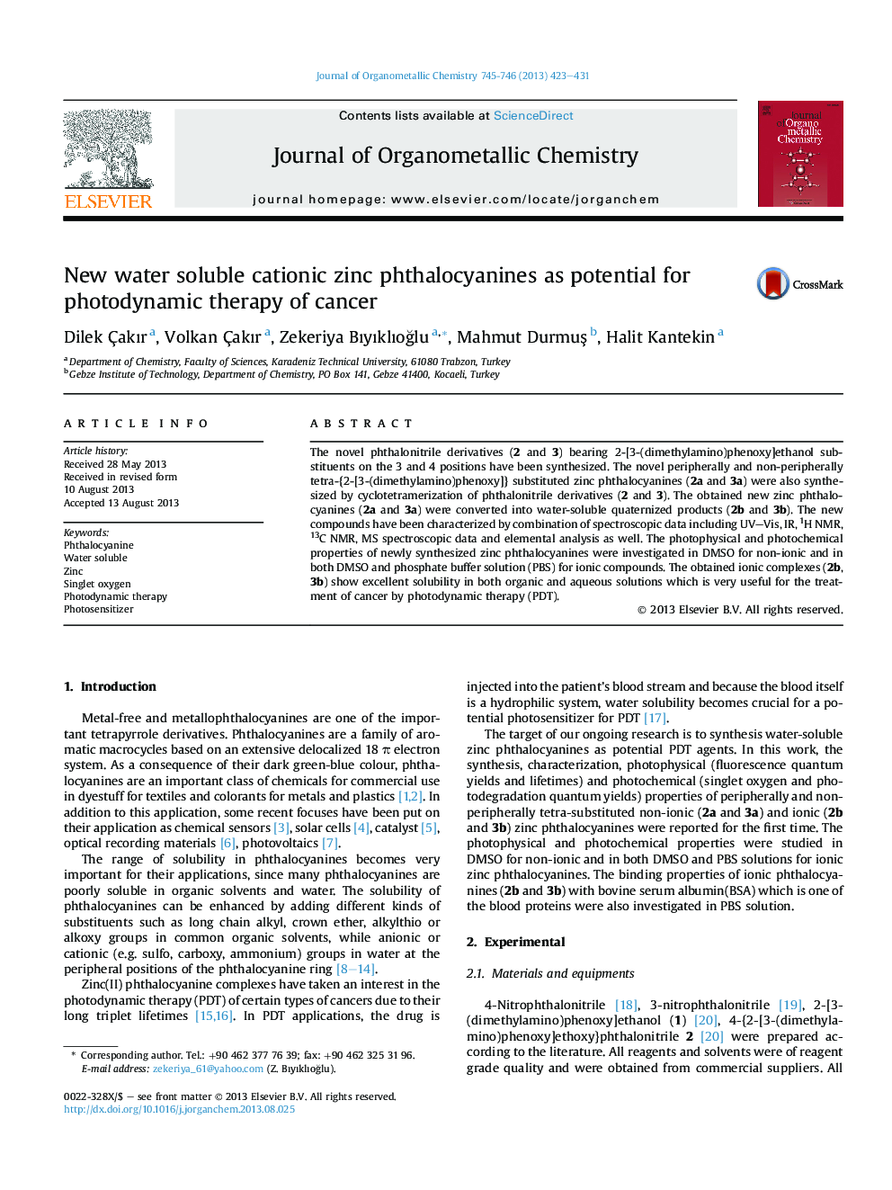 New water soluble cationic zinc phthalocyanines as potential for photodynamic therapy of cancer