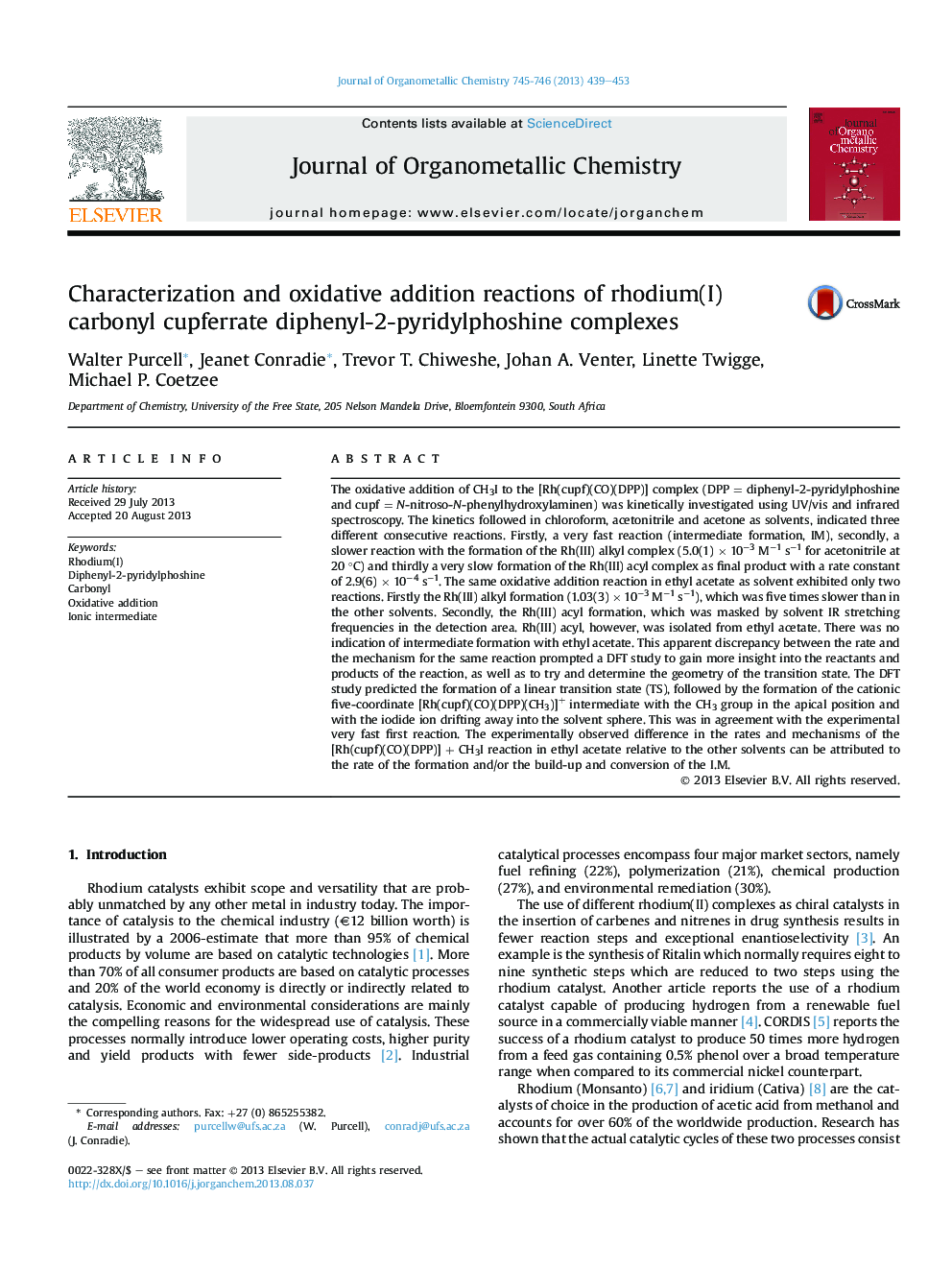 Characterization and oxidative addition reactions of rhodium(I) carbonyl cupferrate diphenyl-2-pyridylphoshine complexes