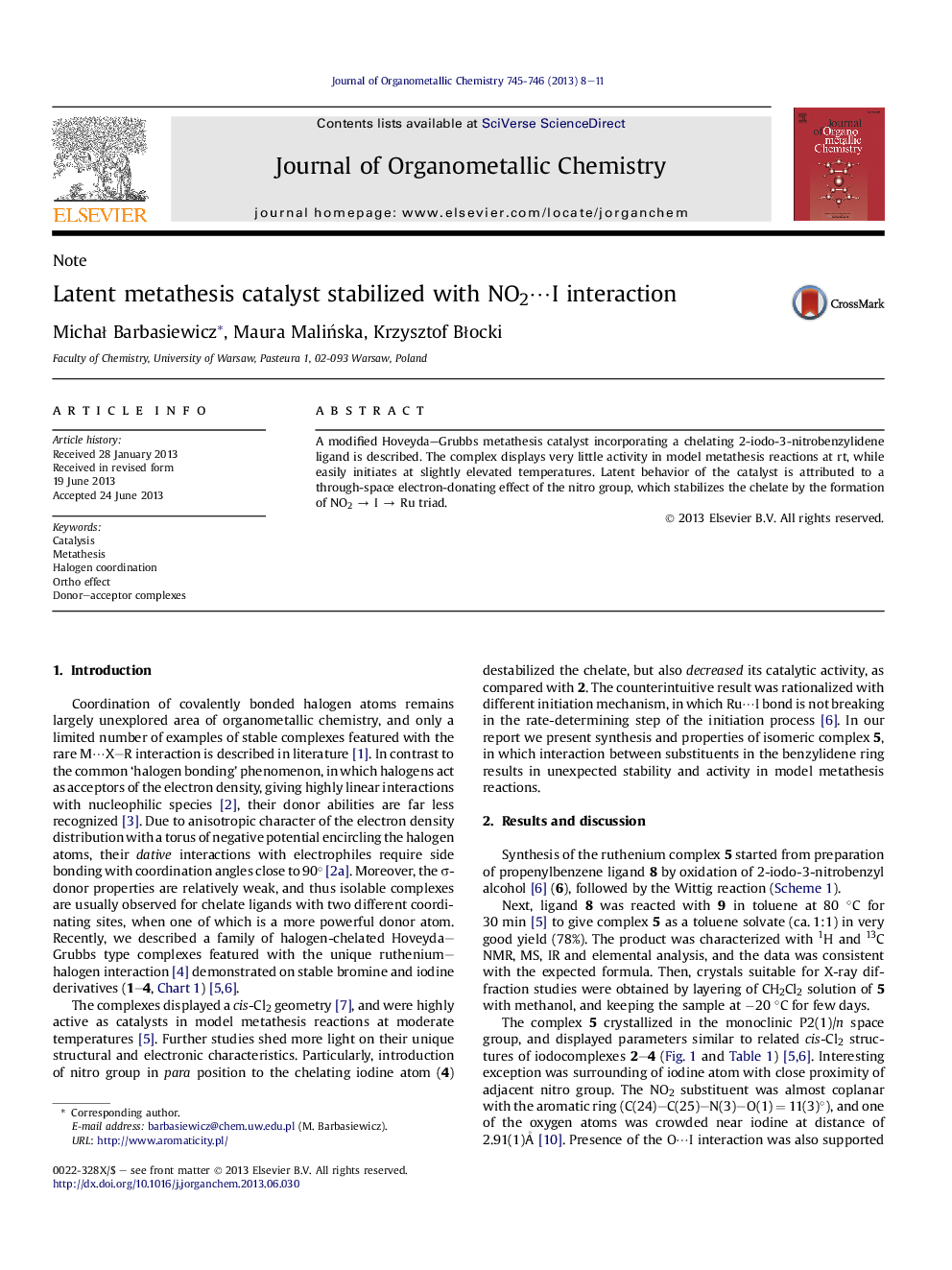 Latent metathesis catalyst stabilized with NO2⋯I interaction