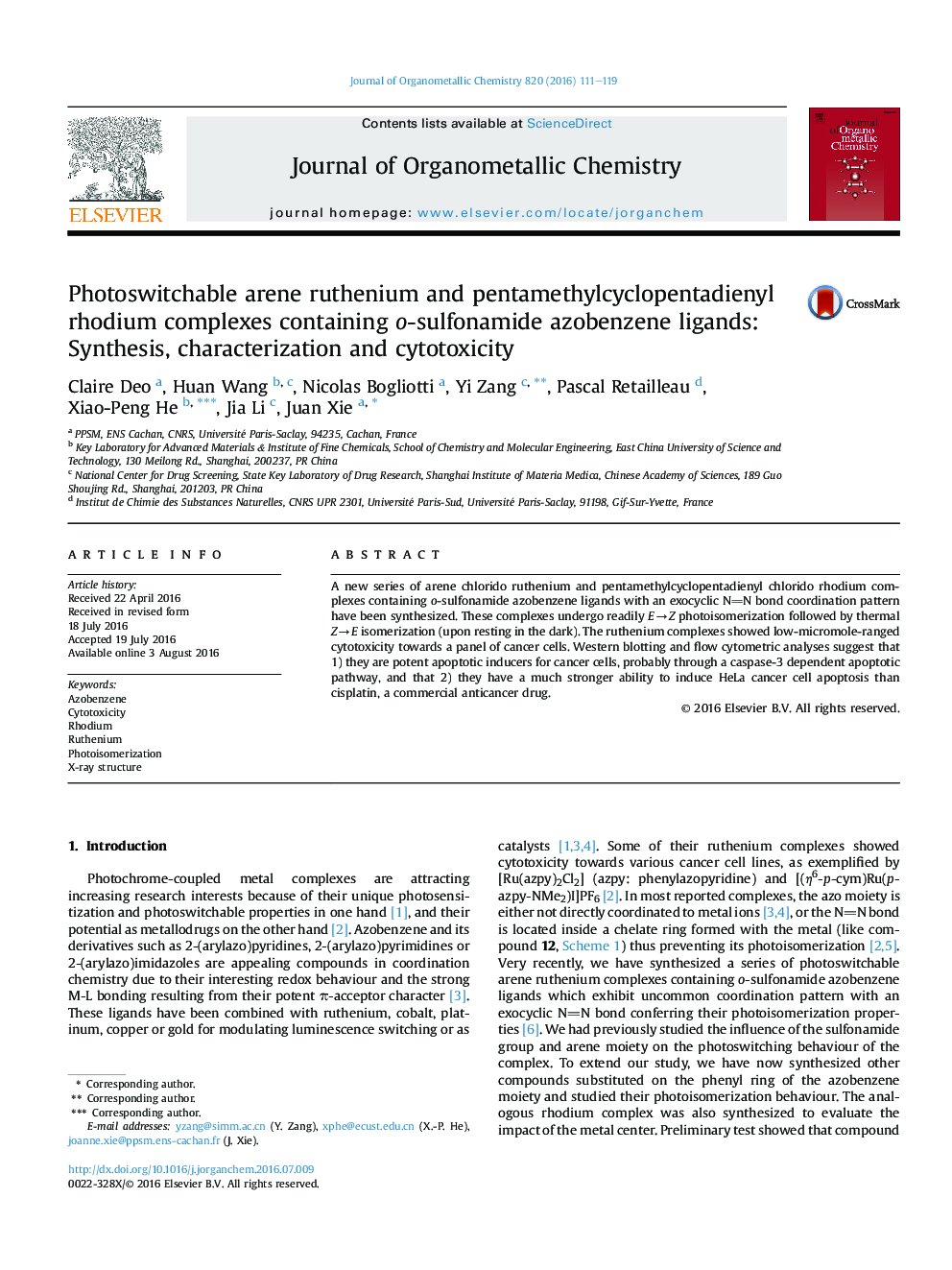 Photoswitchable arene ruthenium and pentamethylcyclopentadienyl rhodium complexes containing o-sulfonamide azobenzene ligands: Synthesis, characterization and cytotoxicity