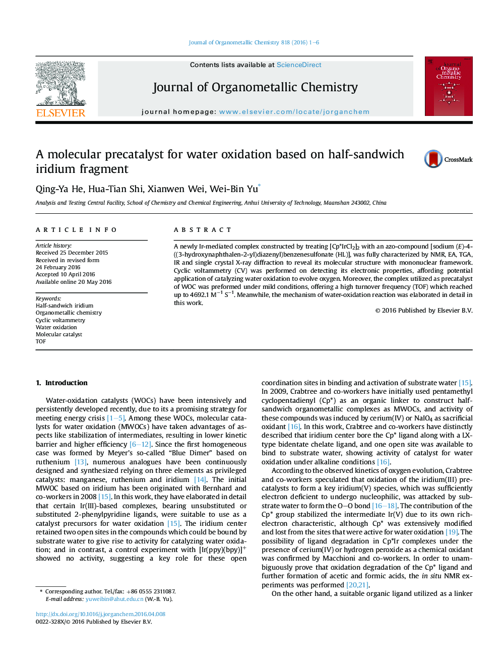 A molecular precatalyst for water oxidation based on half-sandwich iridium fragment