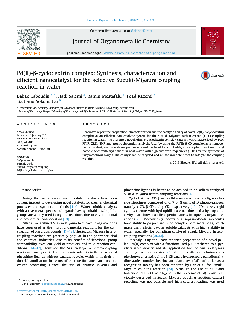 Pd(II)-β-cyclodextrin complex: Synthesis, characterization and efficient nanocatalyst for the selective Suzuki-Miyaura coupling reaction in water