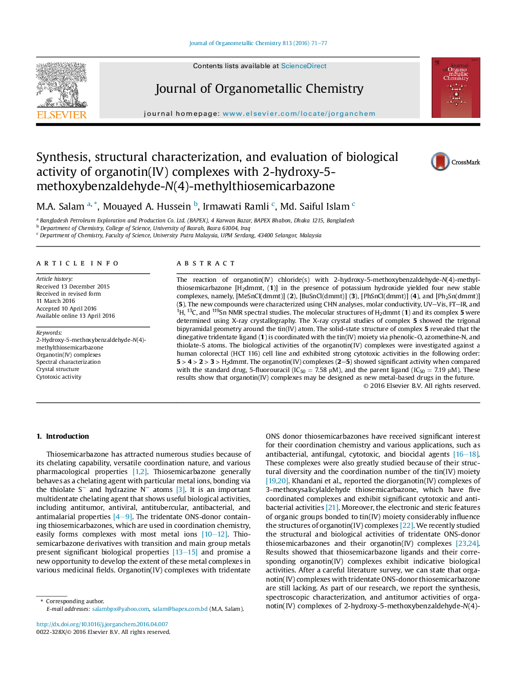 Synthesis, structural characterization, and evaluation of biological activity of organotin(IV) complexes with 2-hydroxy-5-methoxybenzaldehyde-N(4)-methylthiosemicarbazone