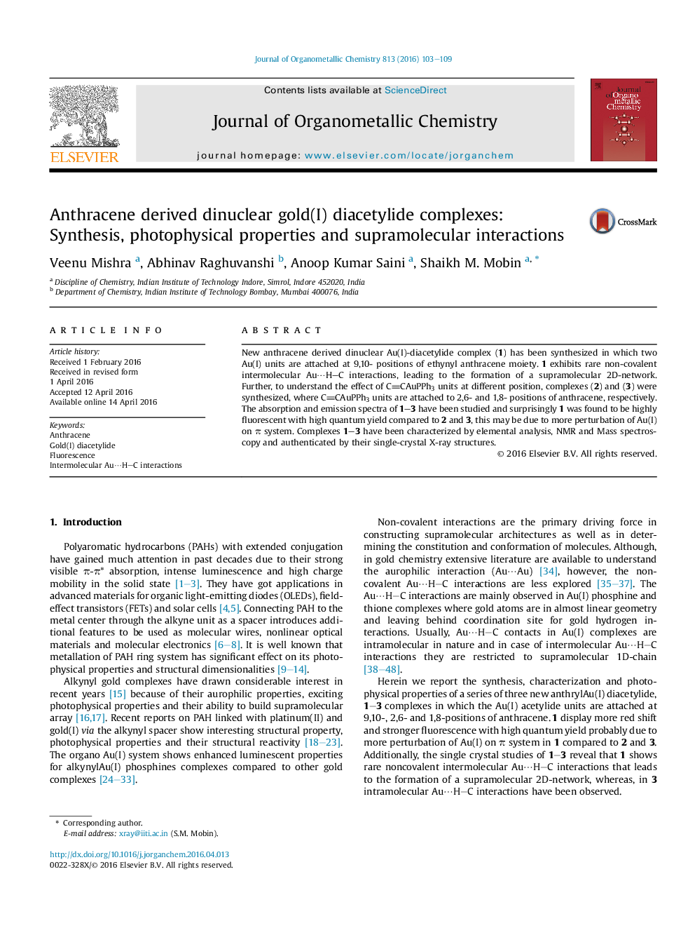 Anthracene derived dinuclear gold(I) diacetylide complexes: Synthesis, photophysical properties and supramolecular interactions