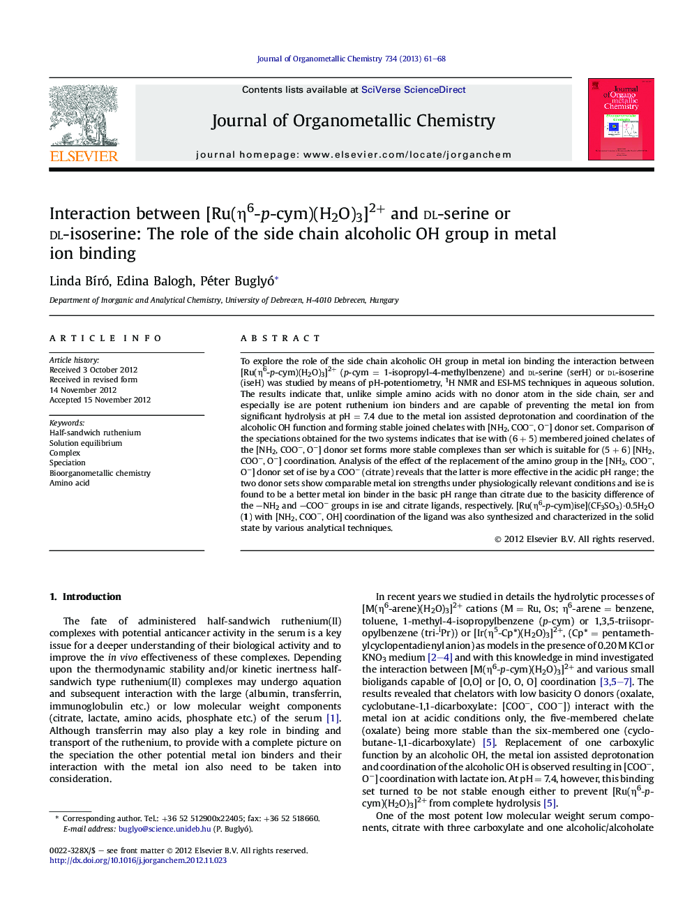 Interaction between [Ru(η6-p-cym)(H2O)3]2+ and dl-serine or dl-isoserine: The role of the side chain alcoholic OH group in metal ion binding