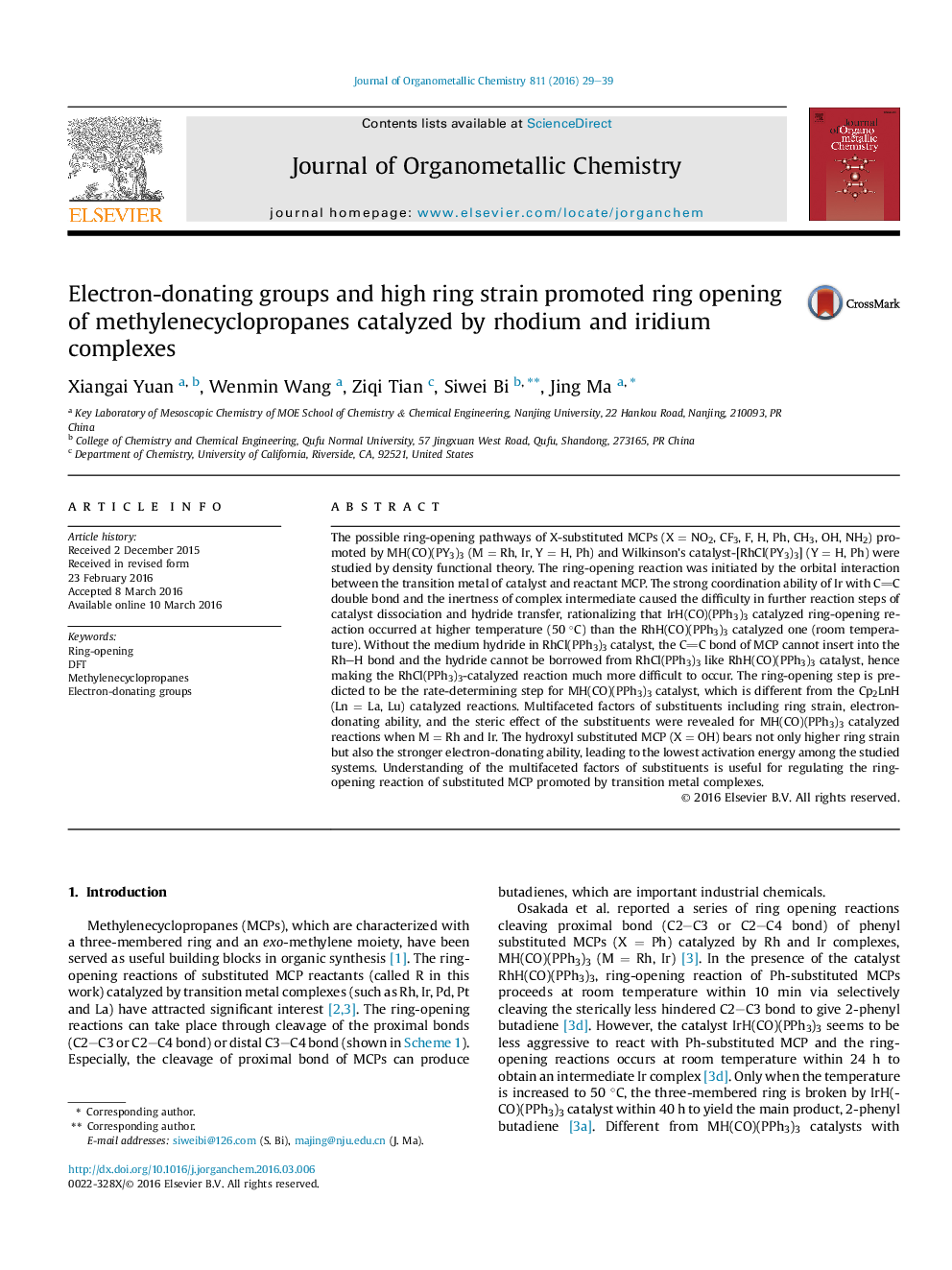 Electron-donating groups and high ring strain promoted ring opening of methylenecyclopropanes catalyzed by rhodium and iridium complexes