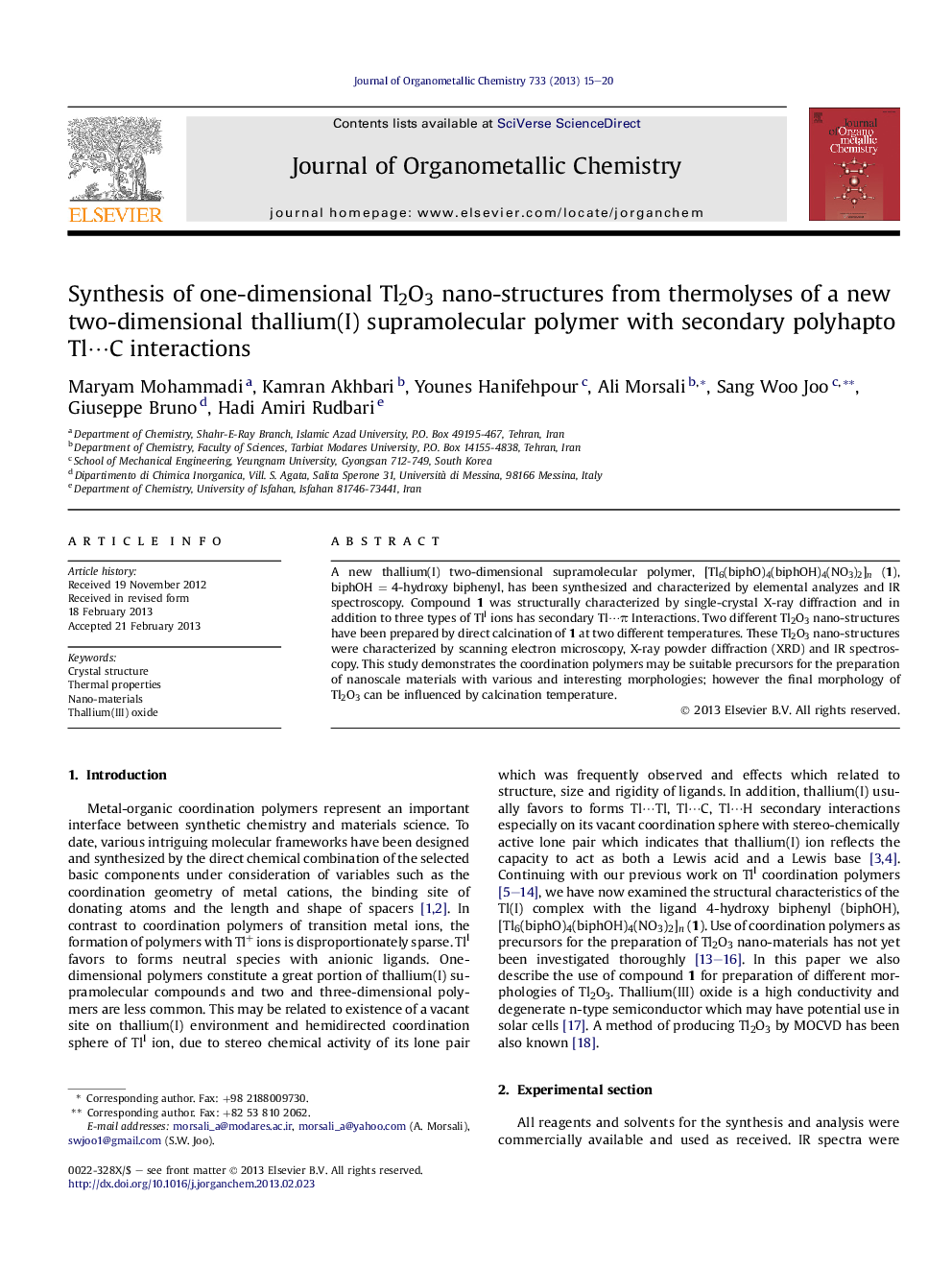 Synthesis of one-dimensional Tl2O3 nano-structures from thermolyses of a new two-dimensional thallium(I) supramolecular polymer with secondary polyhapto Tl⋯C interactions