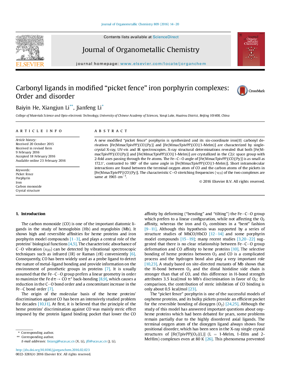 Carbonyl ligands in modified “picket fence” iron porphyrin complexes: Order and disorder