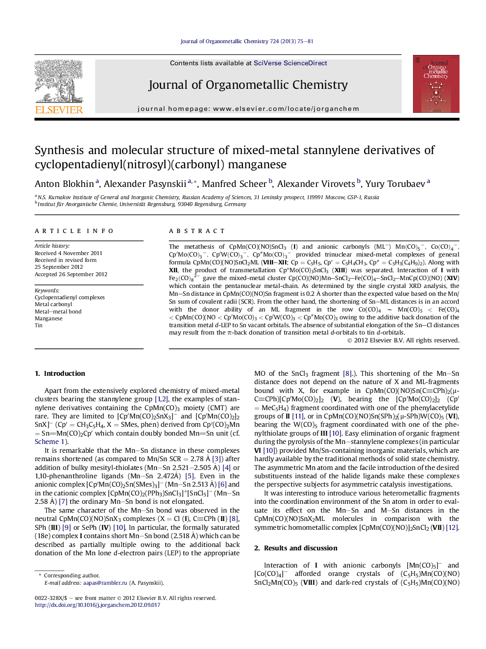 Synthesis and molecular structure of mixed-metal stannylene derivatives of cyclopentadienyl(nitrosyl)(carbonyl) manganese