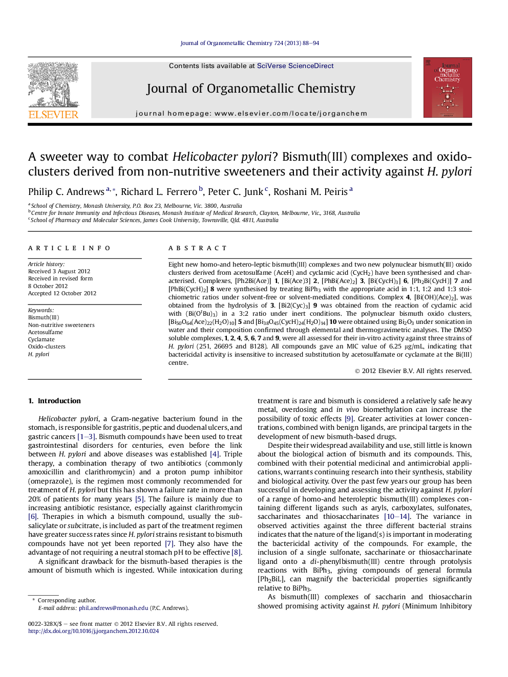 A sweeter way to combat Helicobacter pylori? Bismuth(III) complexes and oxido-clusters derived from non-nutritive sweeteners and their activity against H. pylori