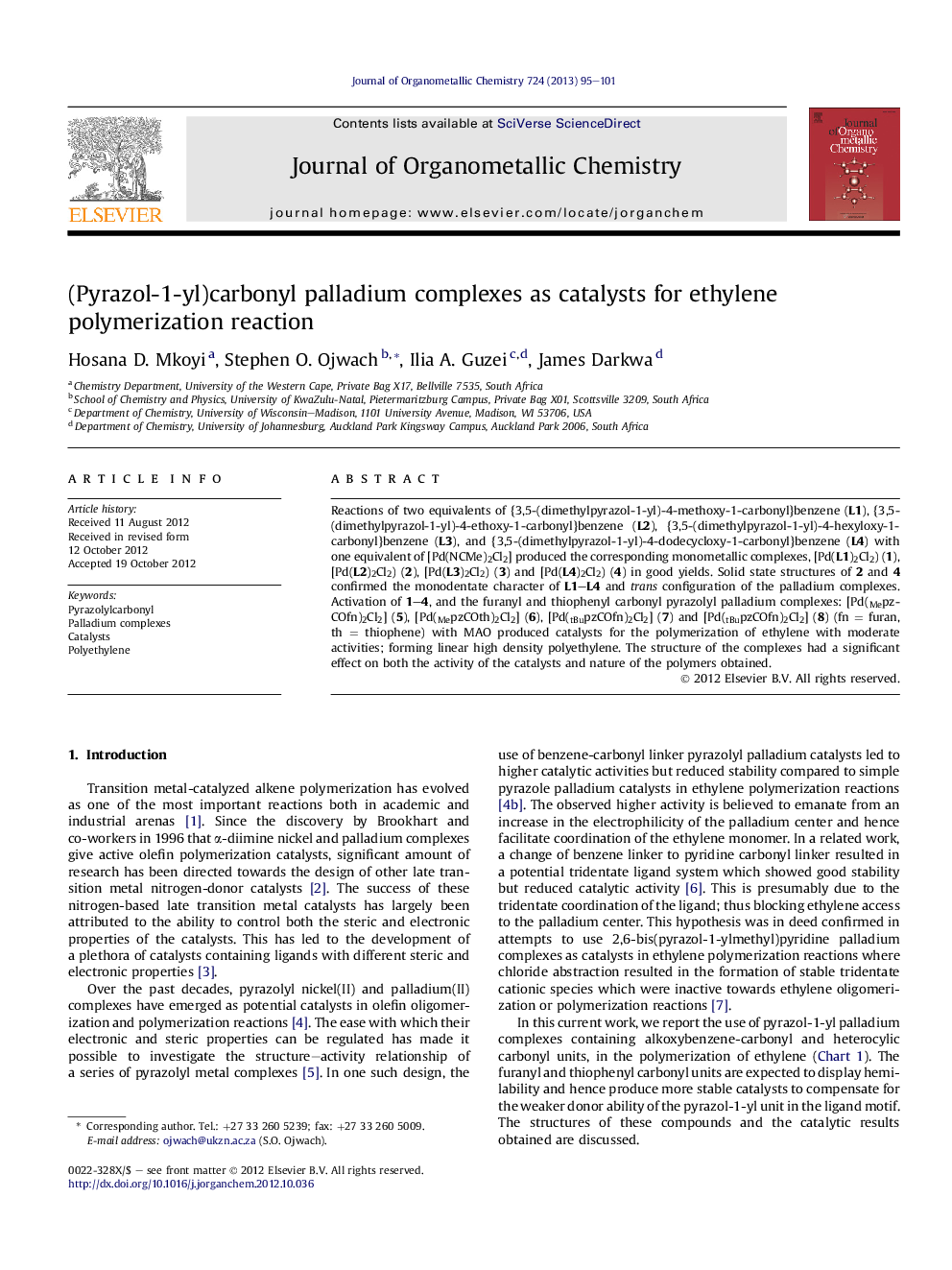 (Pyrazol-1-yl)carbonyl palladium complexes as catalysts for ethylene polymerization reaction