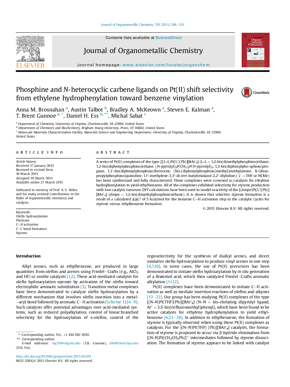 Phosphine and N-heterocyclic carbene ligands on Pt(II) shift selectivity from ethylene hydrophenylation toward benzene vinylation