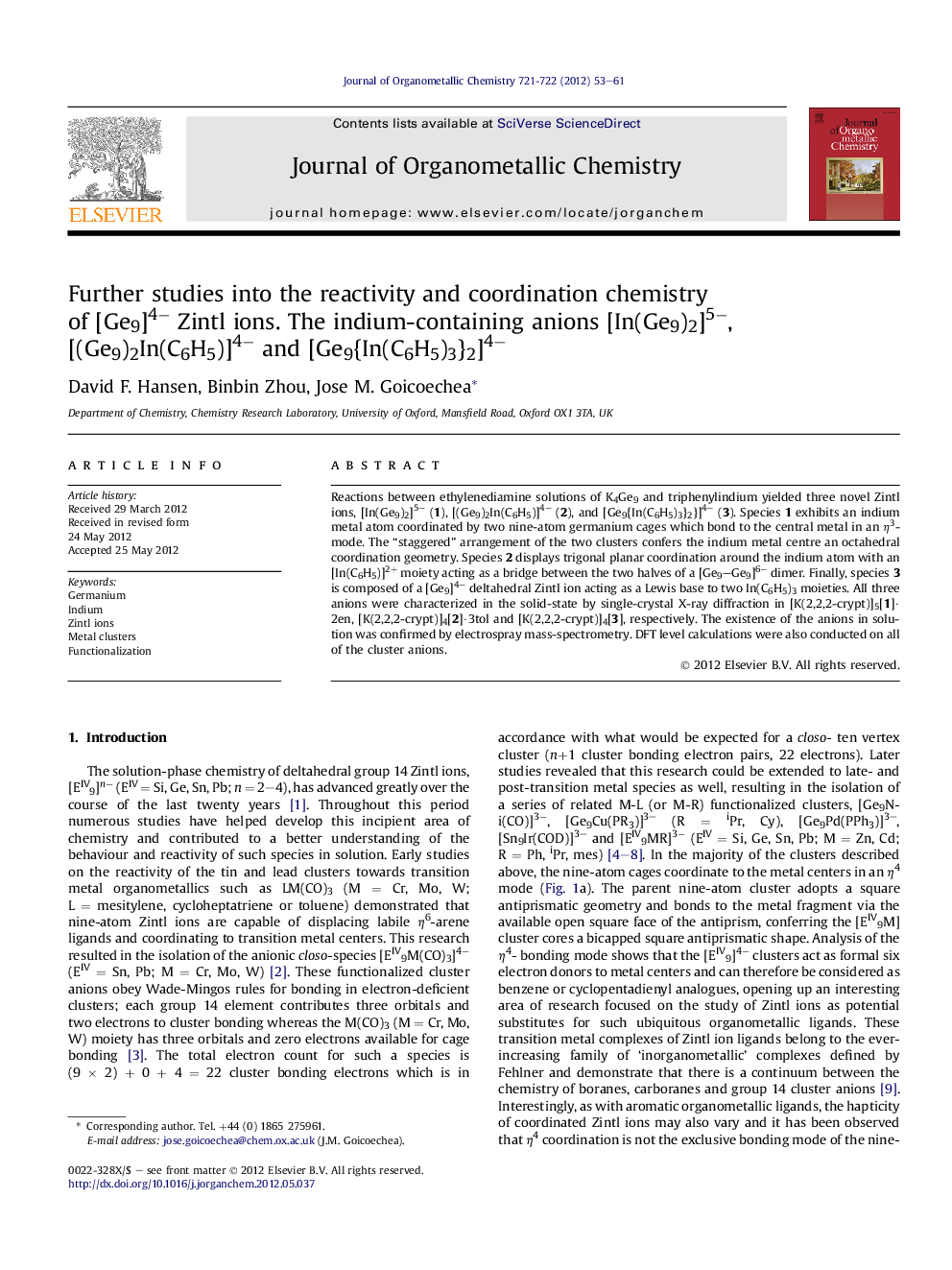 Further studies into the reactivity and coordination chemistry of [Ge9]4− Zintl ions. The indium-containing anions [In(Ge9)2]5−, [(Ge9)2In(C6H5)]4− and [Ge9{In(C6H5)3}2]4−