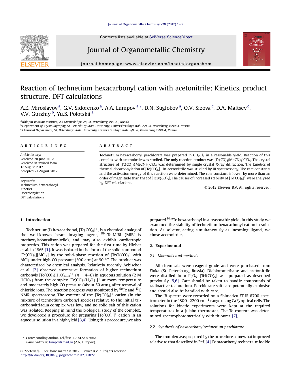 Reaction of technetium hexacarbonyl cation with acetonitrile: Kinetics, product structure, DFT calculations