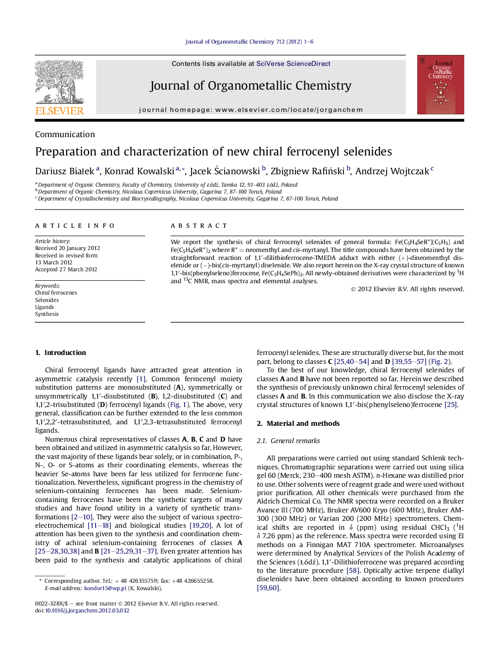 Preparation and characterization of new chiral ferrocenyl selenides