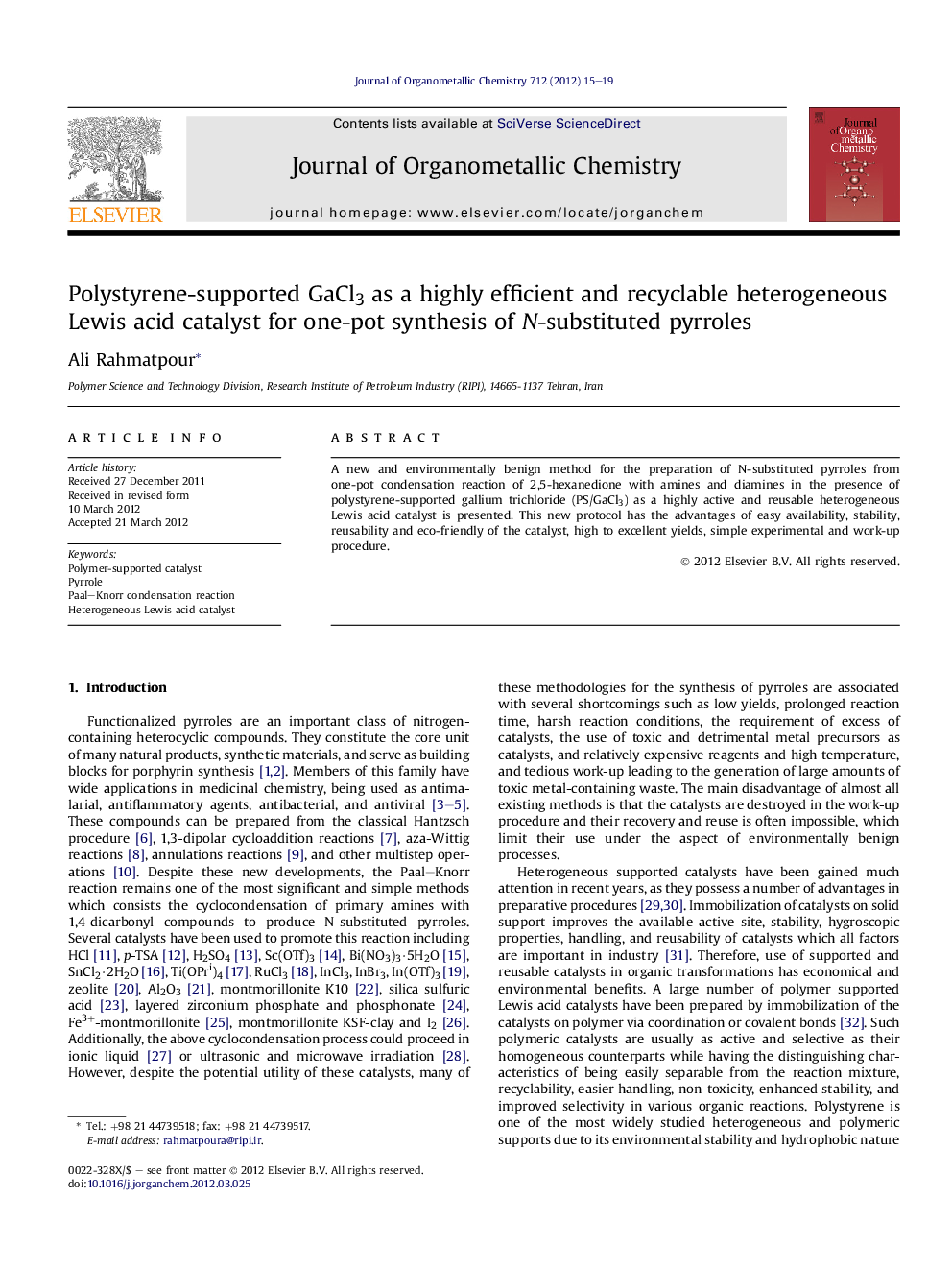 Polystyrene-supported GaCl3 as a highly efficient and recyclable heterogeneous Lewis acid catalyst for one-pot synthesis of N-substituted pyrroles