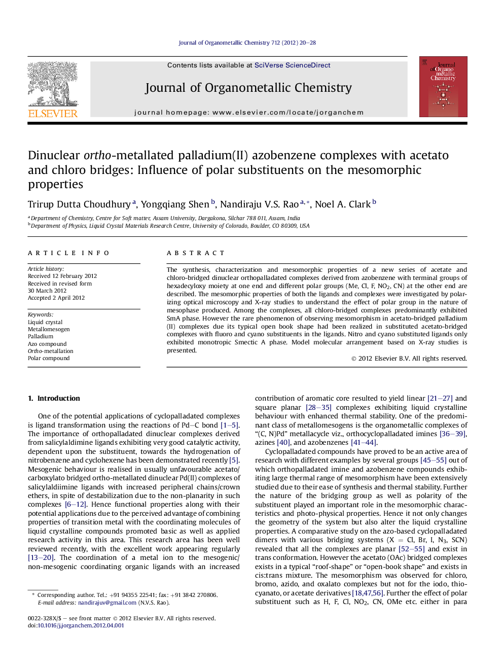 Dinuclear ortho-metallated palladium(II) azobenzene complexes with acetato and chloro bridges: Influence of polar substituents on the mesomorphic properties