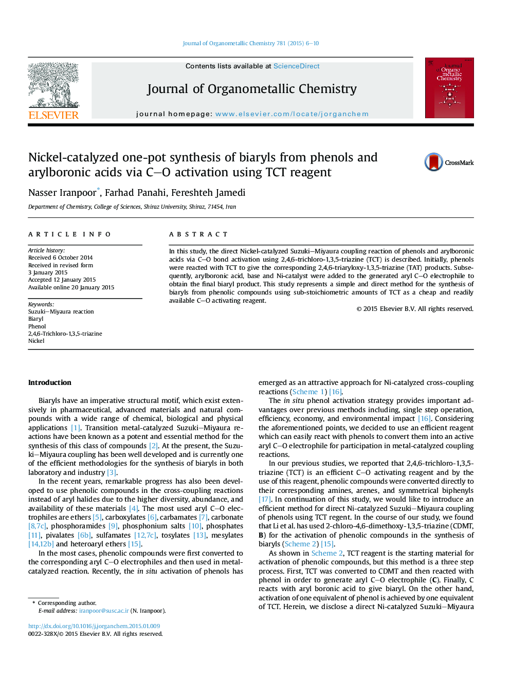 Nickel-catalyzed one-pot synthesis of biaryls from phenols and arylboronic acids via C–O activation using TCT reagent