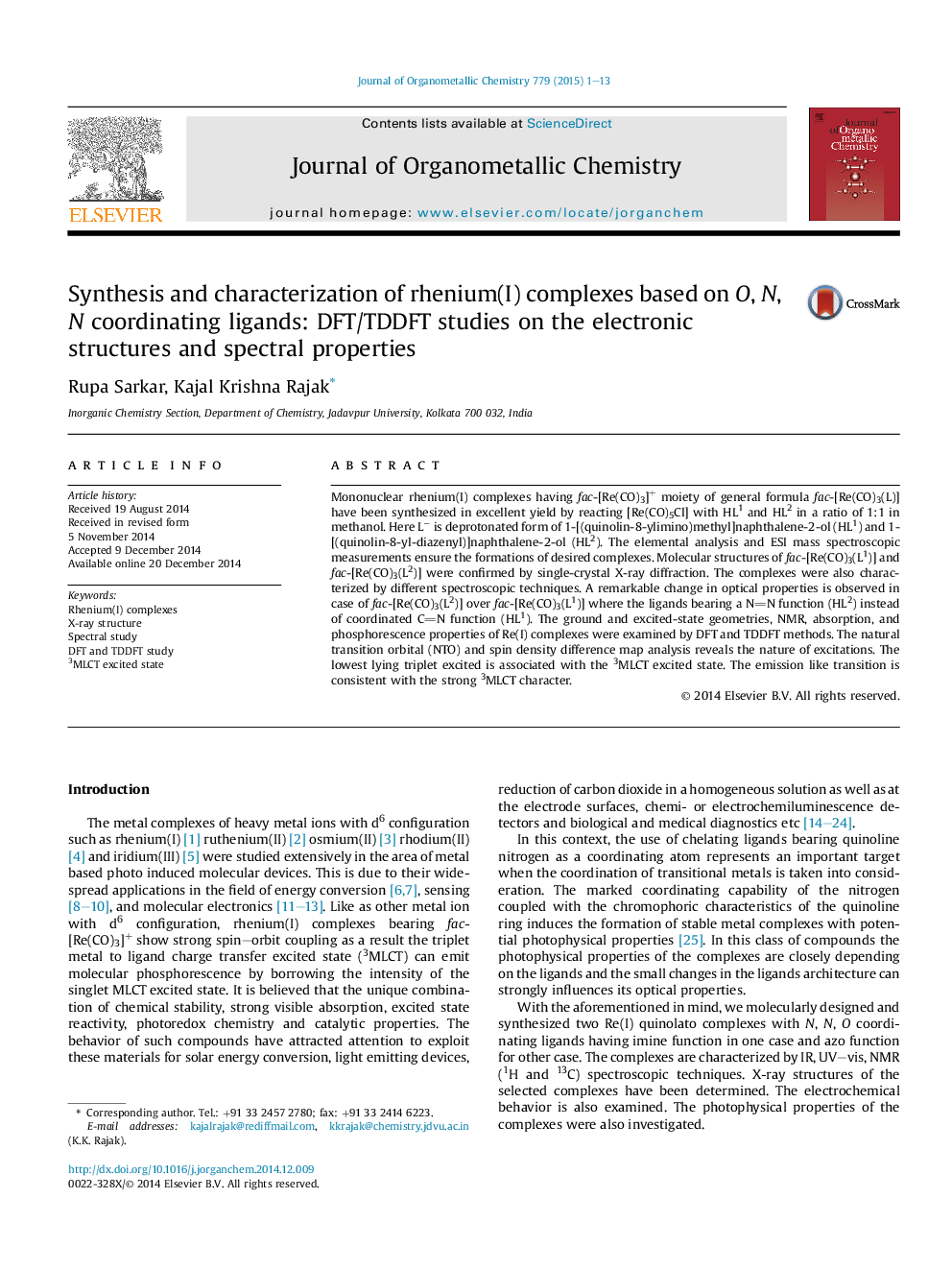 Synthesis and characterization of rhenium(I) complexes based on O, N, N coordinating ligands: DFT/TDDFT studies on the electronic structures and spectral properties