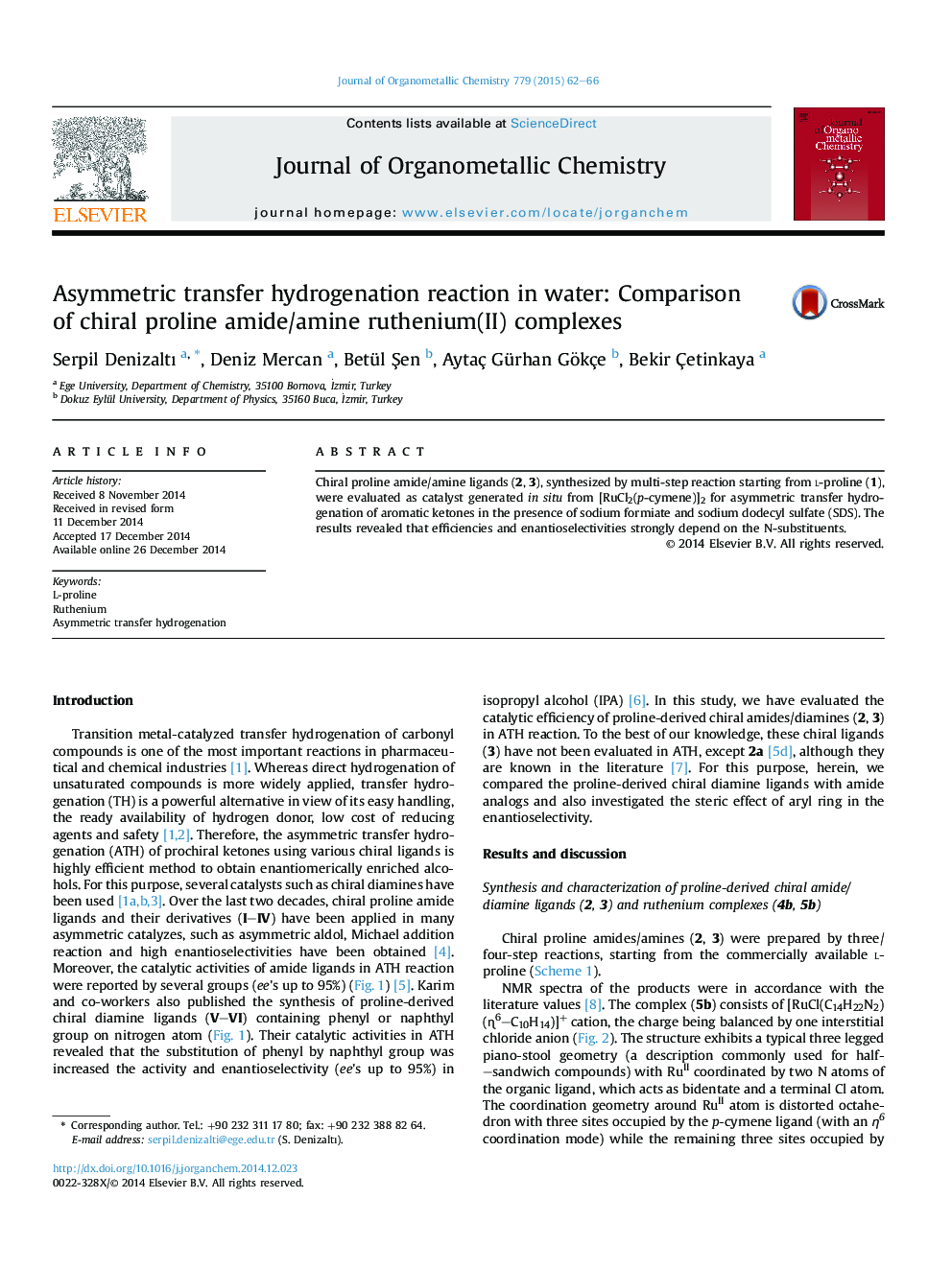 Asymmetric transfer hydrogenation reaction in water: Comparison of chiral proline amide/amine ruthenium(II) complexes