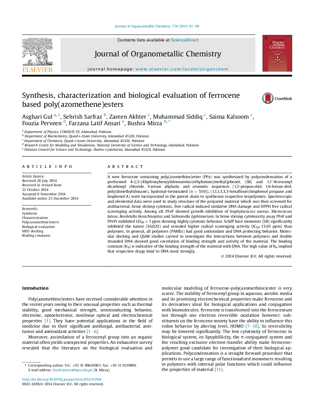 Synthesis, characterization and biological evaluation of ferrocene based poly(azomethene)esters