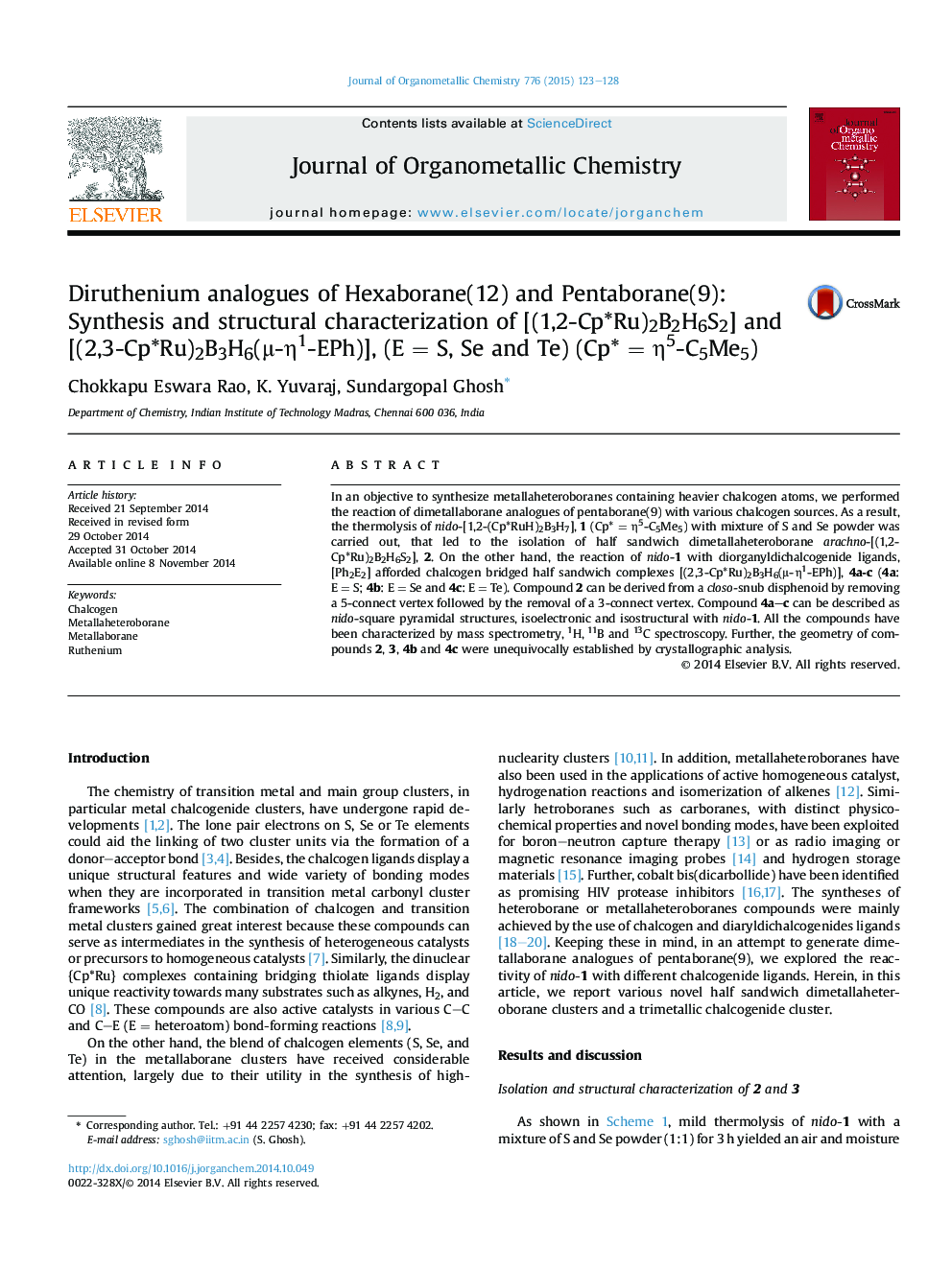 Diruthenium analogues of Hexaborane(12) and Pentaborane(9): Synthesis and structural characterization of [(1,2-Cp*Ru)2B2H6S2] and [(2,3-Cp*Ru)2B3H6(μ-η1-EPh)], (E = S, Se and Te) (Cp* = η5-C5Me5)